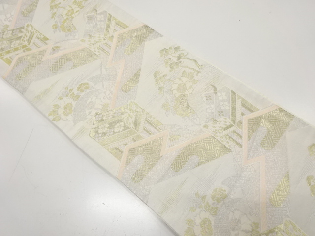 JAPANESE KIMONO / ANTIQUE FUKURO OBI / WOVEN CARRIAGE & PEONY